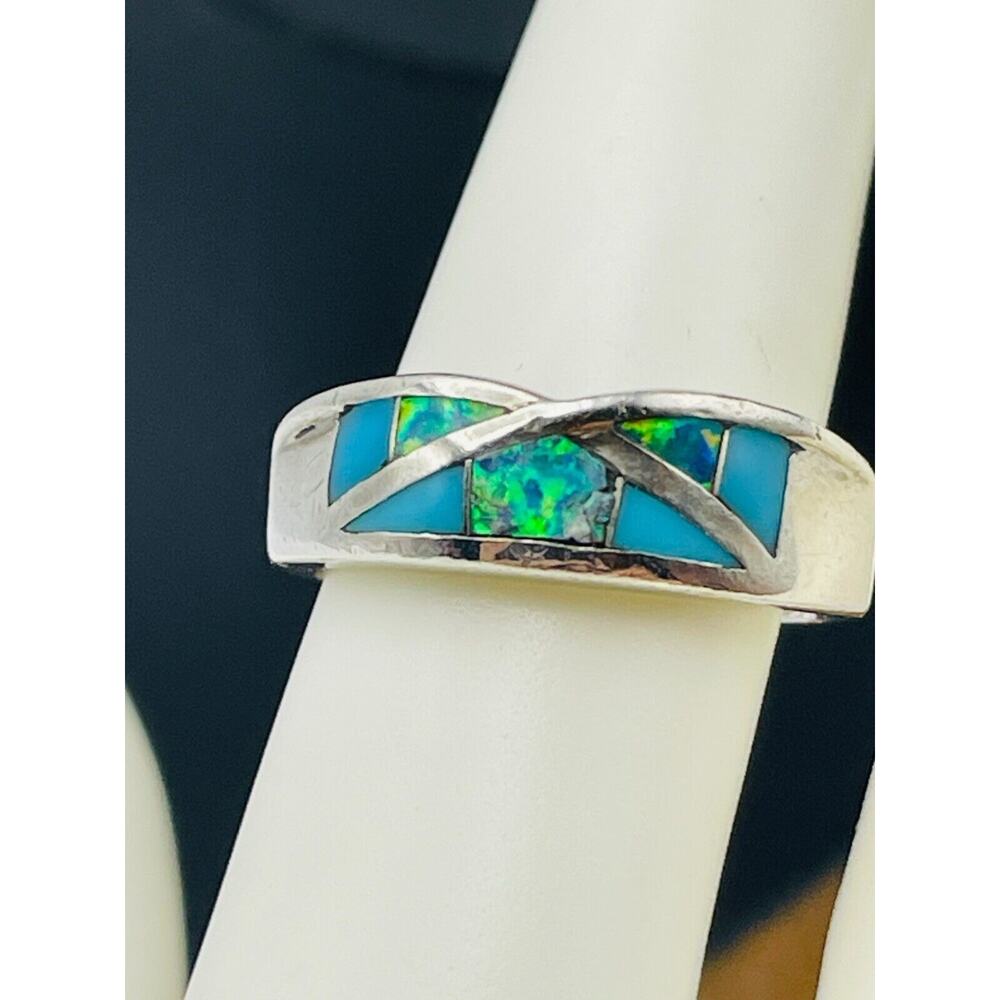 Southwest Sterling Silver Ring Lab Opal Turquoise Inlay Band Size 7 Signed AV - Picture 12 of 12